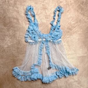 H.O.T. Ruffled Floral Lace Mesh Open Front Babydoll Lingerie Top White Blue Sexy